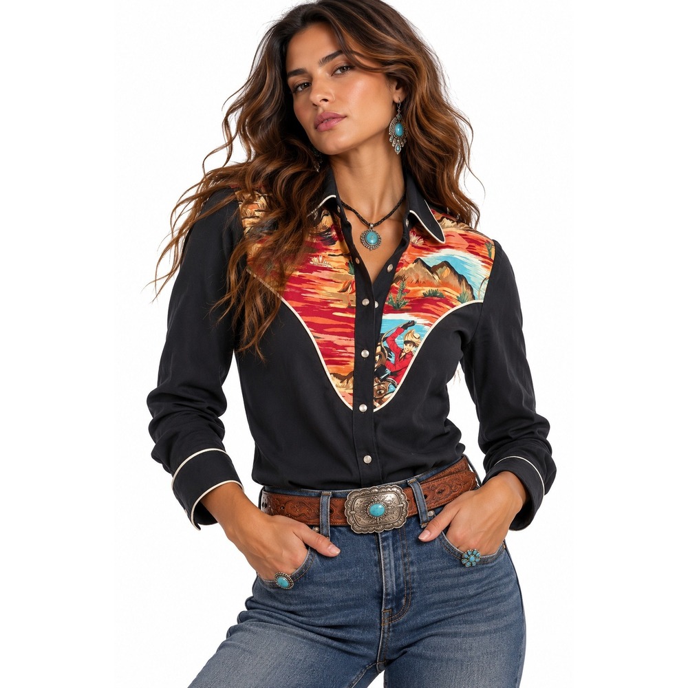 Rampage Vintage 90s Black Western Shirt sz L Desert Cowboy Graphic Yoke Piping